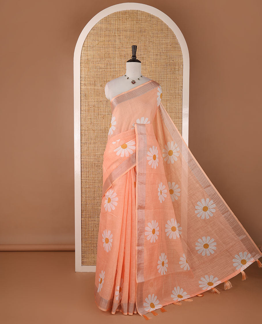 Peach sunflower motif printed linen saree, silver zari plain border & small sunflower motif print blouse