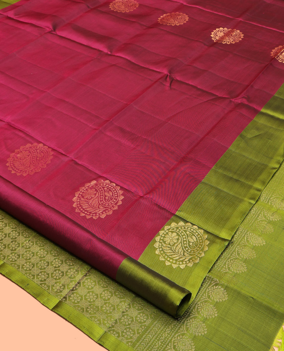 Red Mayuri Lite Silk Mix Saree, Elevated with Zari Buttas Complemented by Contrast Border, Grand Jaal Pallu and a Contrast Blouse