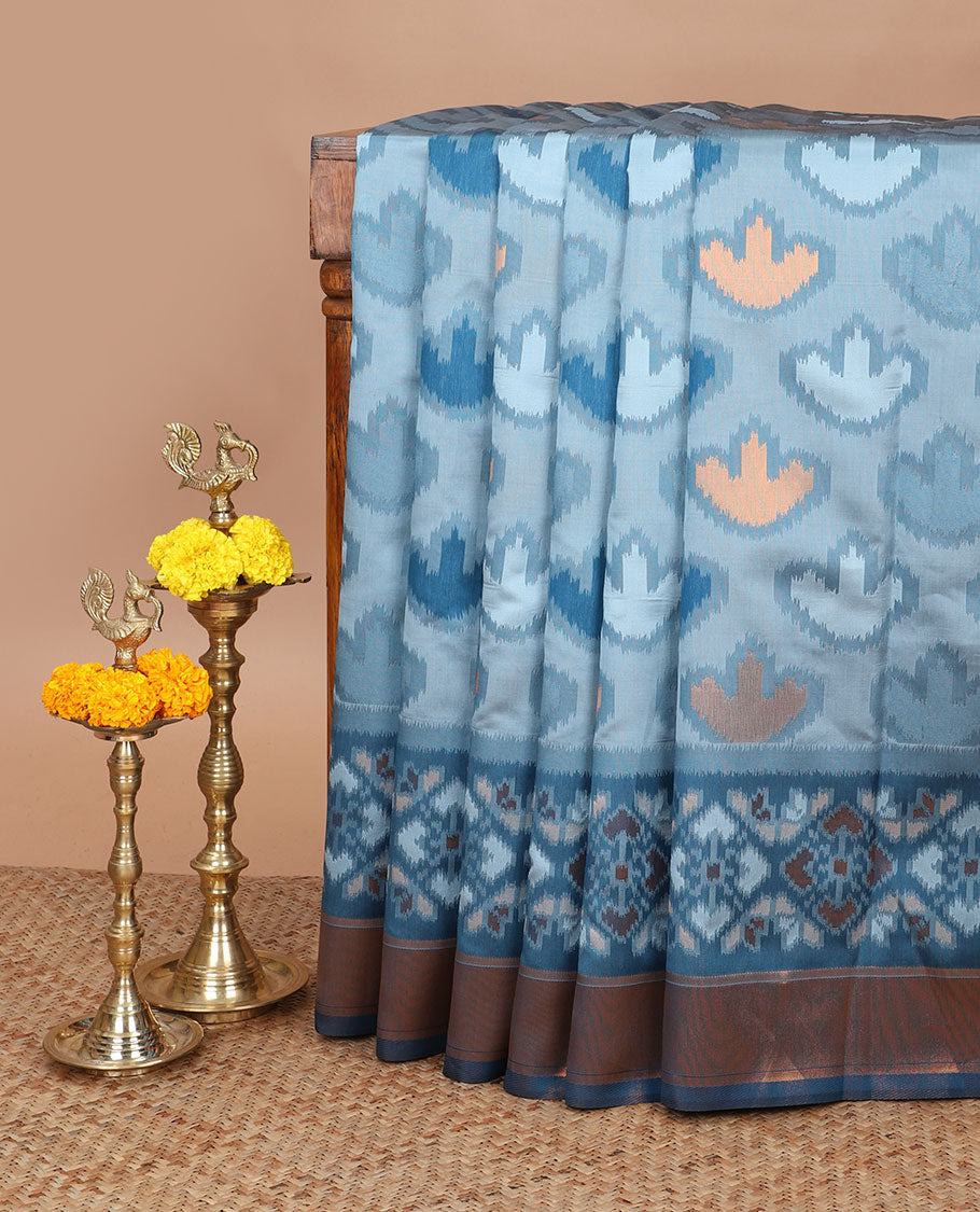 Light blue with Blue zari pochampalli weaving design mulberry silk saree with bawanchi, ikkat weaving border & rich pochampalli weaving pallu along with plain blouse