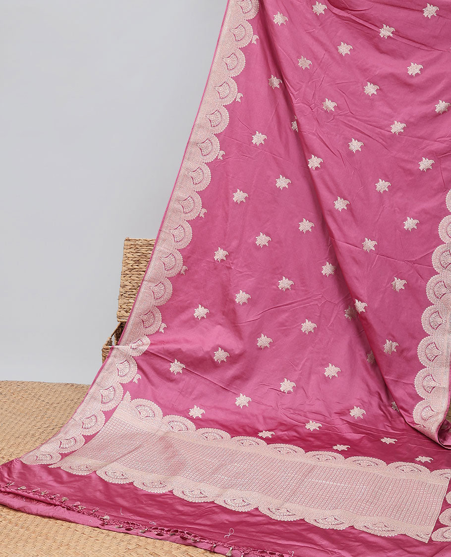 Pink motifs satin silk saree with self floral motifs border & intricate zari design pallu