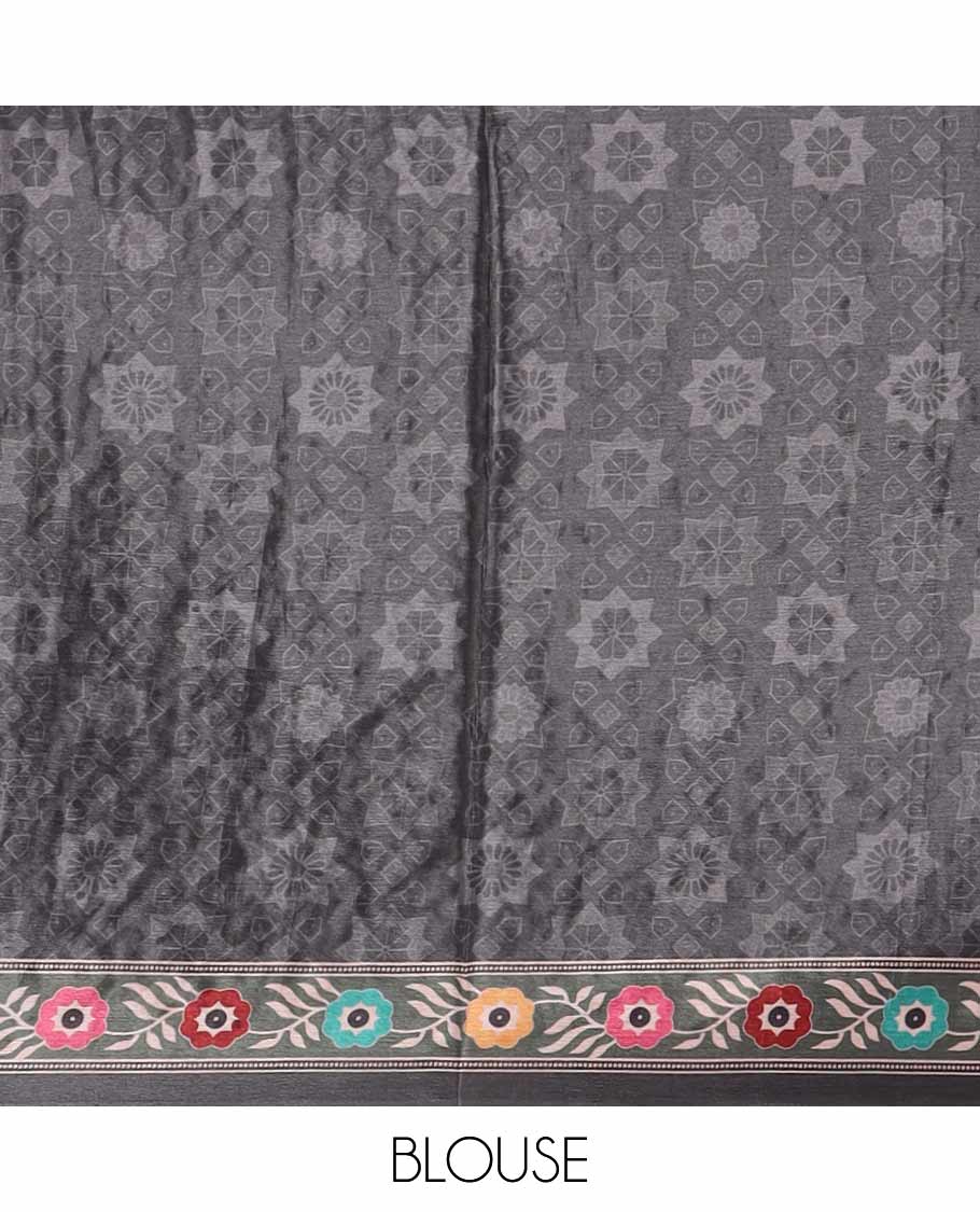 Black floral & star print & mirror embroidery masakali saree,self-border & pallu of print & mirrorwork, printed blouse