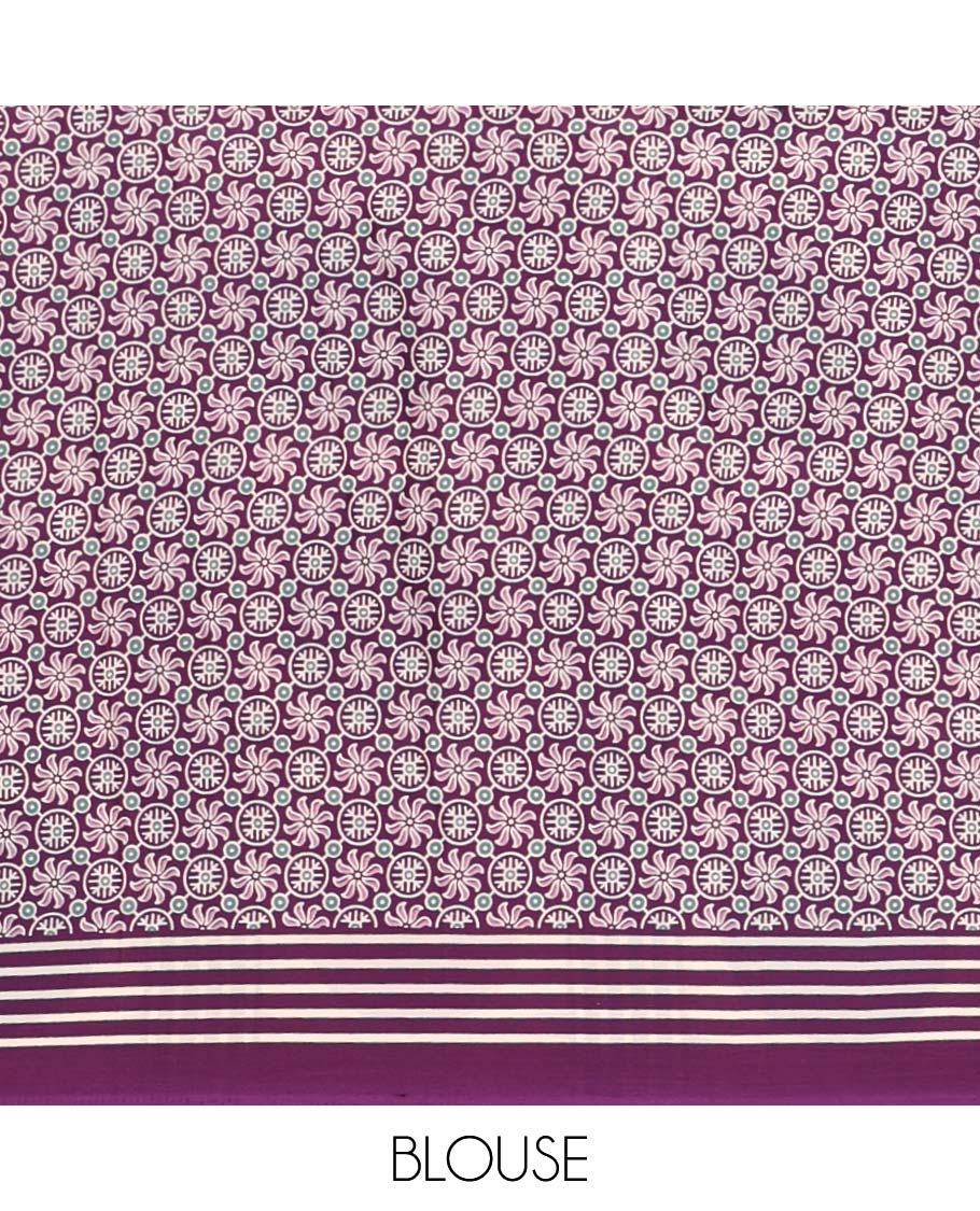 Purple vertical stripes printed modal satin saree, a self-border of horizontal stripes print, polka dots printed on the pallu, and an intricate ajrakh-style printed blouse