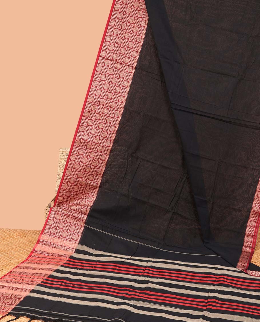 Black plain Narayanapet cotton saree, contrast chakram and bentex design border & striped pallu