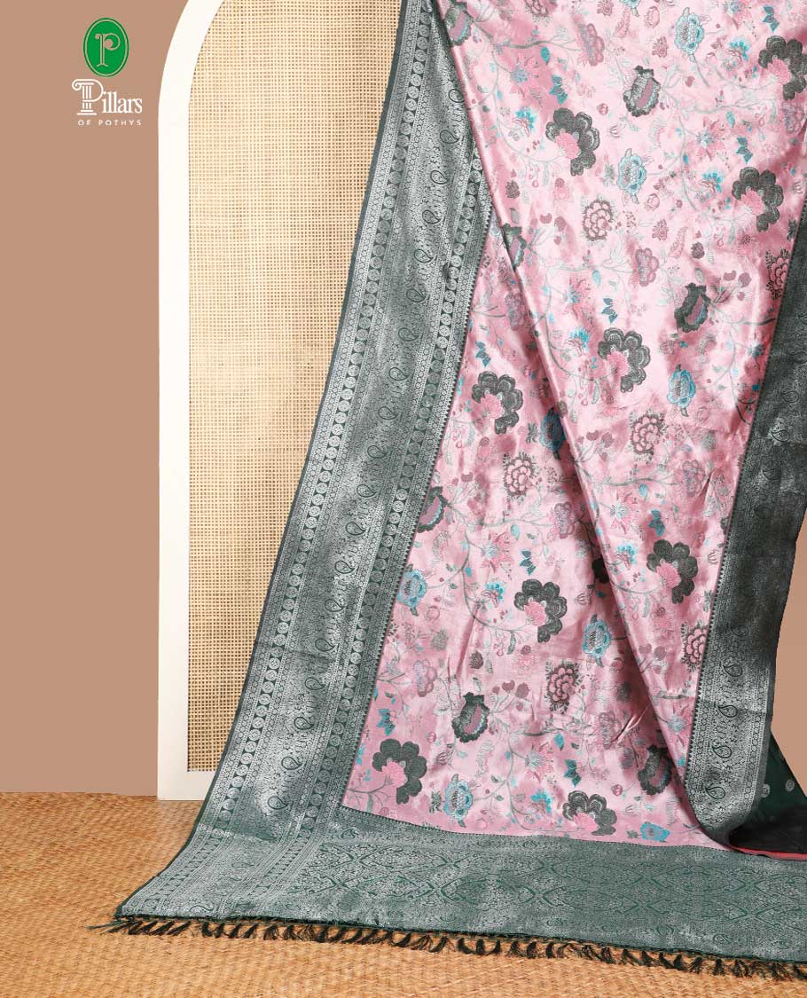 Light pink brocade jacquard design litchi tissue silk saree with contrast border & zari rich pallu along with zari butta design blouse
