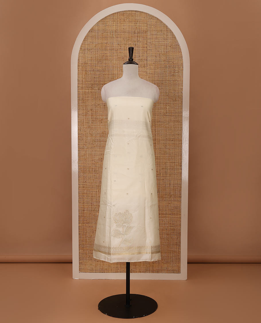 Kerala cream chudidar material set, zari buttas woven taffeta silk top, plain cream santoon bottom & floral zari woven dupatta