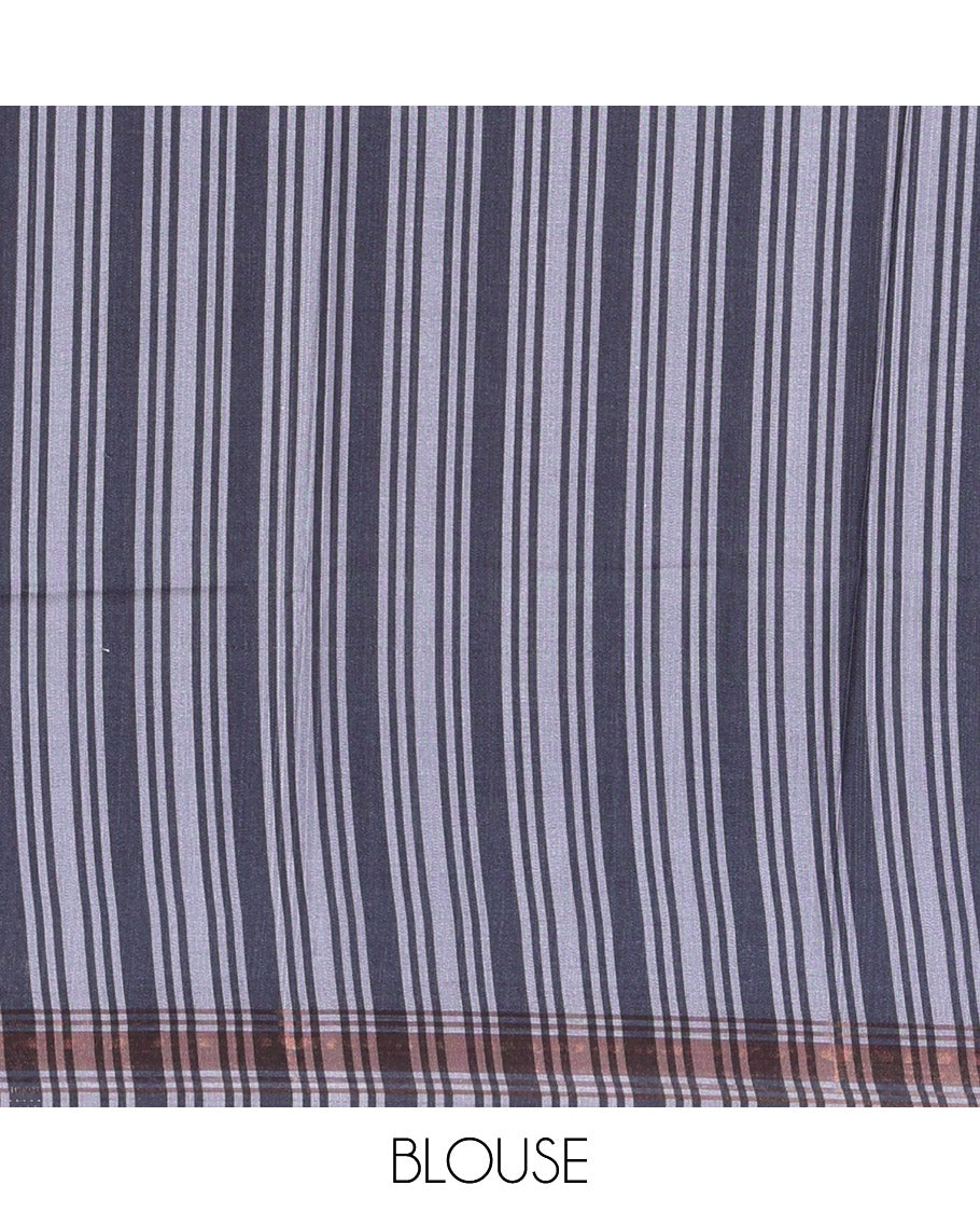 Yellow Manipuri Silk Saree Subtly Woven with Stripes All Over Its Body, Complemented by Contrast Geometric Print and Zari Work Border, Pallu Features Stripes, and Paired with a Contrast Striped Blouse