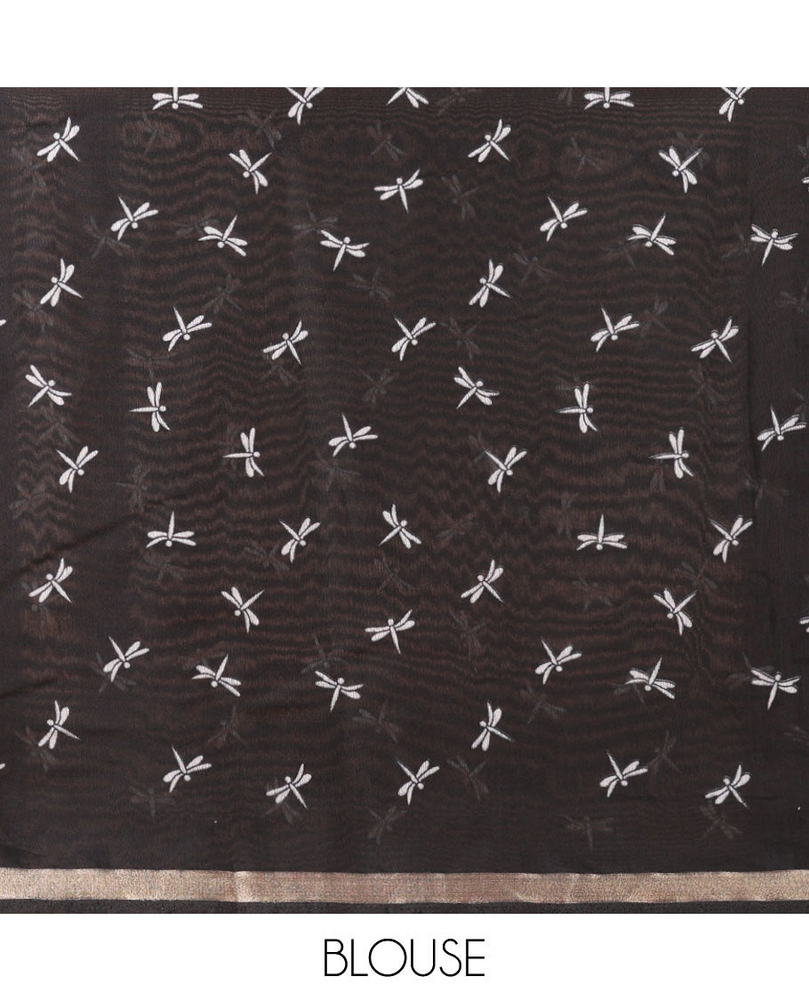 Grey drangon fly, creane digital print muslin cotton saree with zari border & printed pallu along with dragon fly printed blouse