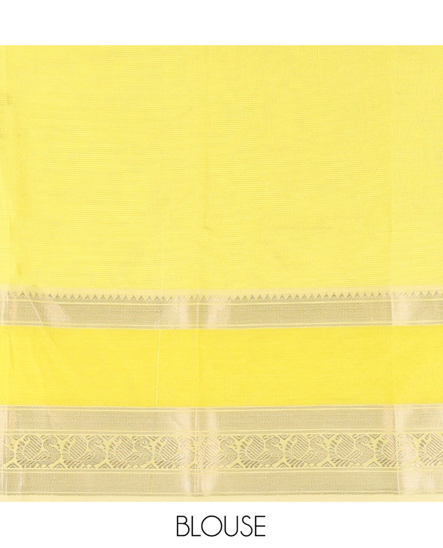 Half-White Mangalagiri Silk Saree, Sparsely Woven Stripes On Its Body, Complemented by Contrast Border of Temple and Peacock Designs, Striped Pallu and Paired with a Contrast Blouse