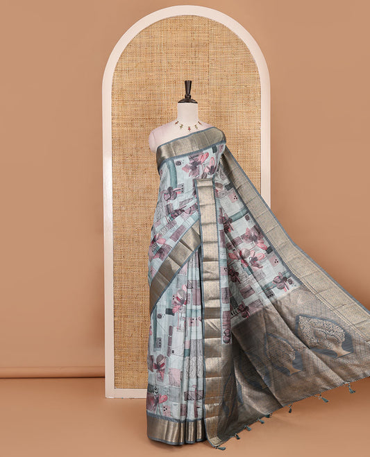 Sky blue geometric patterns printed fancy  tussar saree, traditional zari border, zari intricate woven pallu and matching blouse