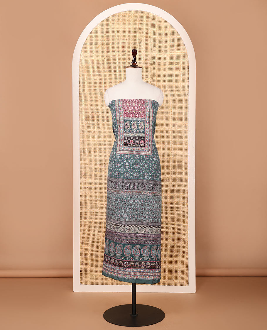Bottle green crepe chudidar material set, ajrakh-print with daman floral design top, plain bottom & dupatta of bandhani dots & ajrakh-style print