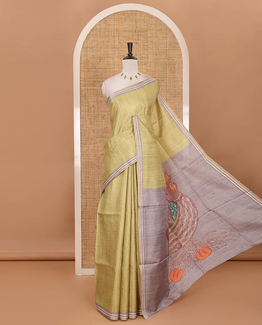 Sea green full-plain design semi-tussar saree, contrast thread triangle motifs border, bird motifs printed pallu & contrast striped blouse