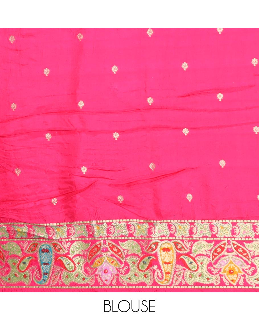 Pink paisley motifs semi-banaras dola silksaree with self paisley motifs border & pallu of argyle pattern