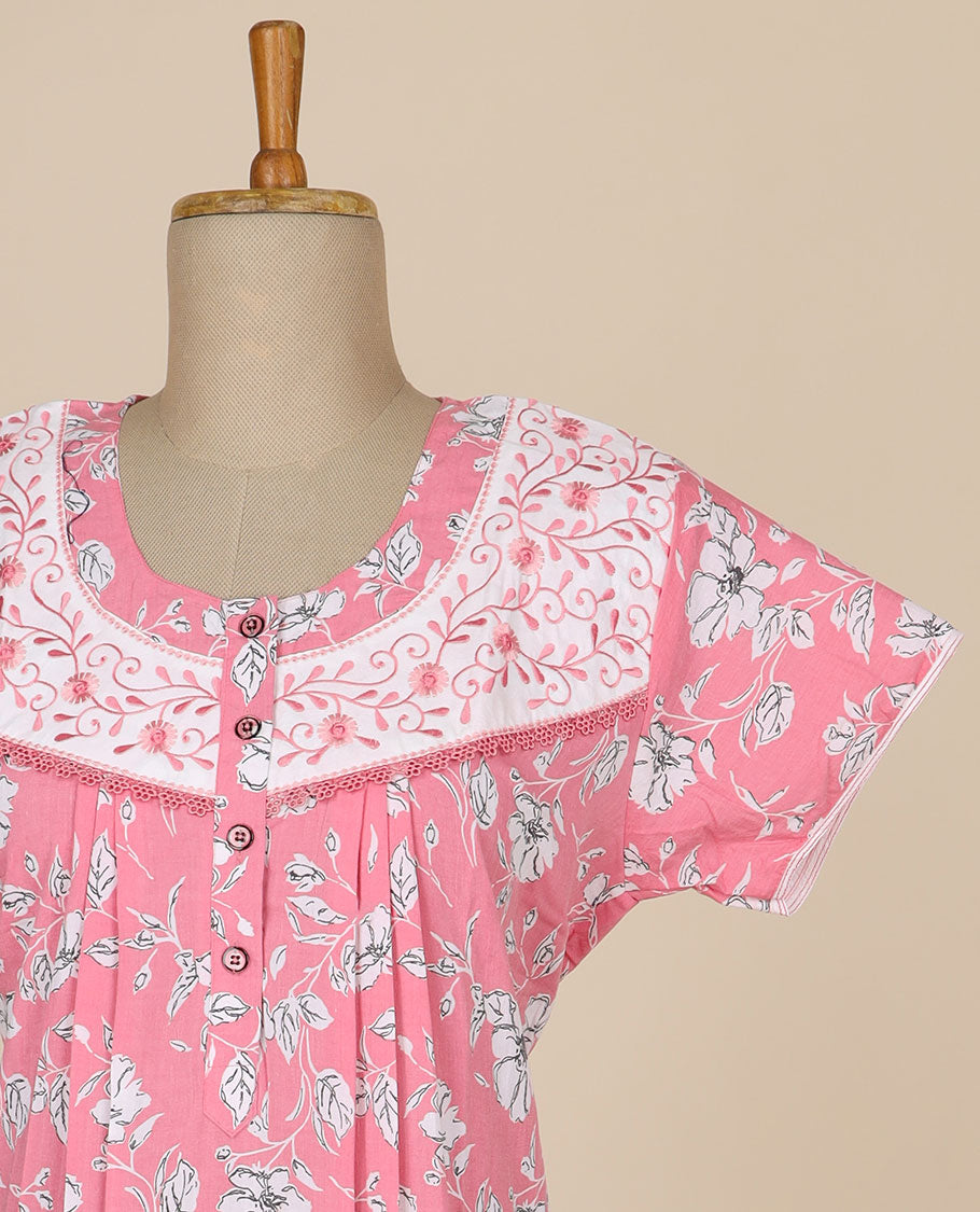 Light pink floral printed and floral thread embroidery round neck cotton half-sleeve nighty