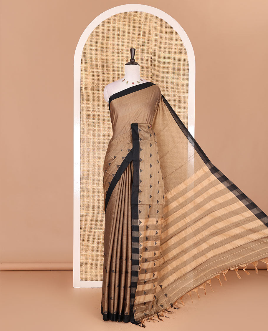 Chikku triangle motifs mercerised cotton saree, contrast plain border, striped pallu, and matching triangle motifs blouse