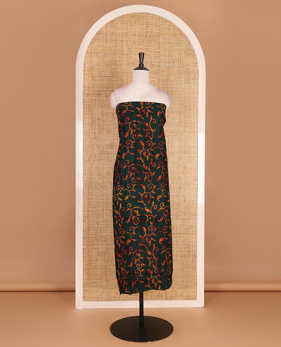Dark green cotton material chudidar set, paisley vine batik printed top, contrast plain bottom, and dupatta of shibori and batik print