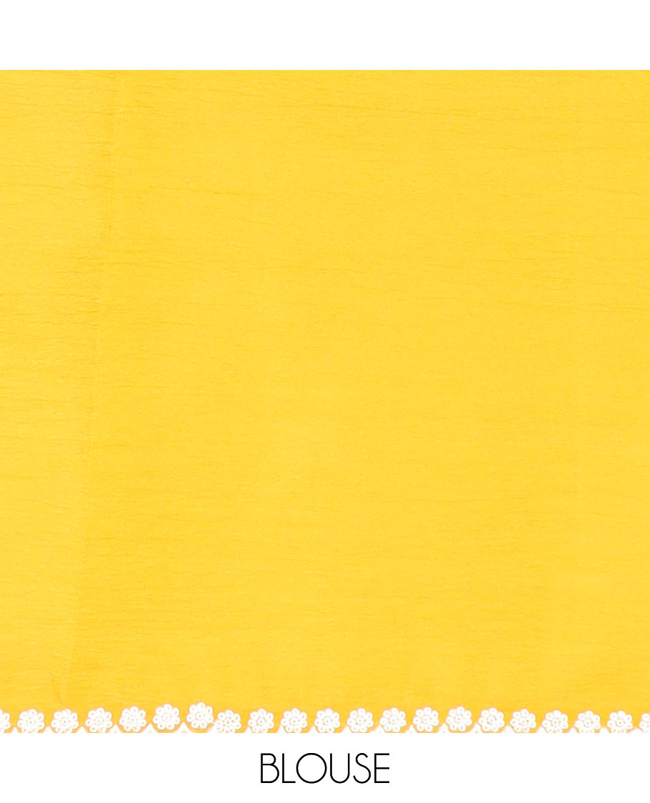 Yellow floral thread embroidery tissue saree with floral scallop thread embroidery border