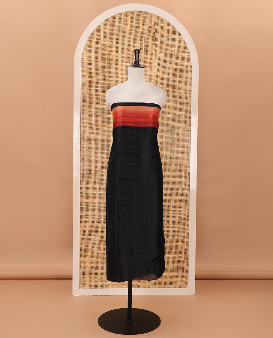 Black material chudidar set, horizontal red ombre striped semi-tussar top, plain santoon bottom & horizontal red ombre striped dupatta with tassels