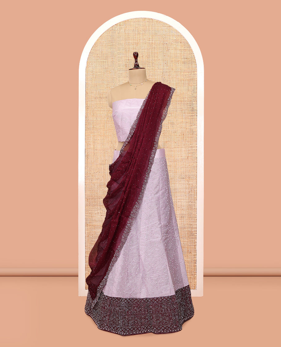 Light Lavender Banarasi Half-Saree, Finely Crafted with Bead Work Skirt, a Contrast Stone Work Border, Matching Blouse, and Contrast Scallop Stone Work Dupatta