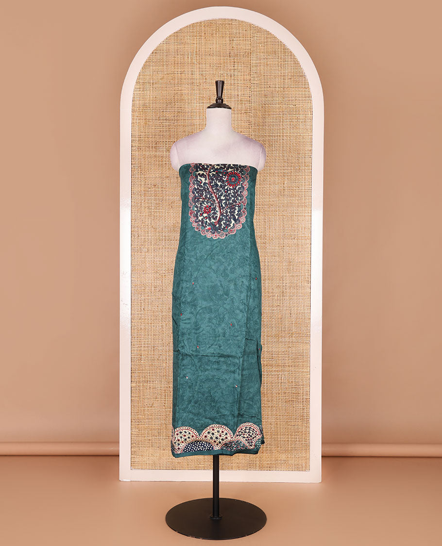 Green pure cotton material chudidar set, floral print with French knot and bead work top, plain cotton bottom, and floral-geometric printed dupatta
