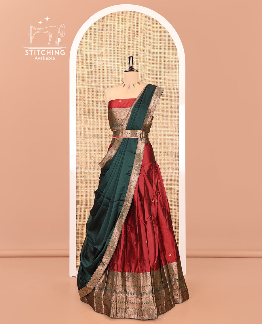 Maroon Semi-Banarasi Half-Saree Featuring Buttas Skirt, Contrast Traditional Border, Matching Blouse, Satin Georgette Dhavani
