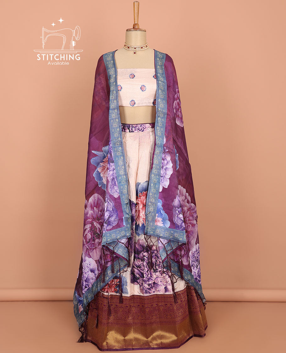 Cream floral printed art silk half saree, contrast traditional design border, jacquard blouse & floral printed dhavani