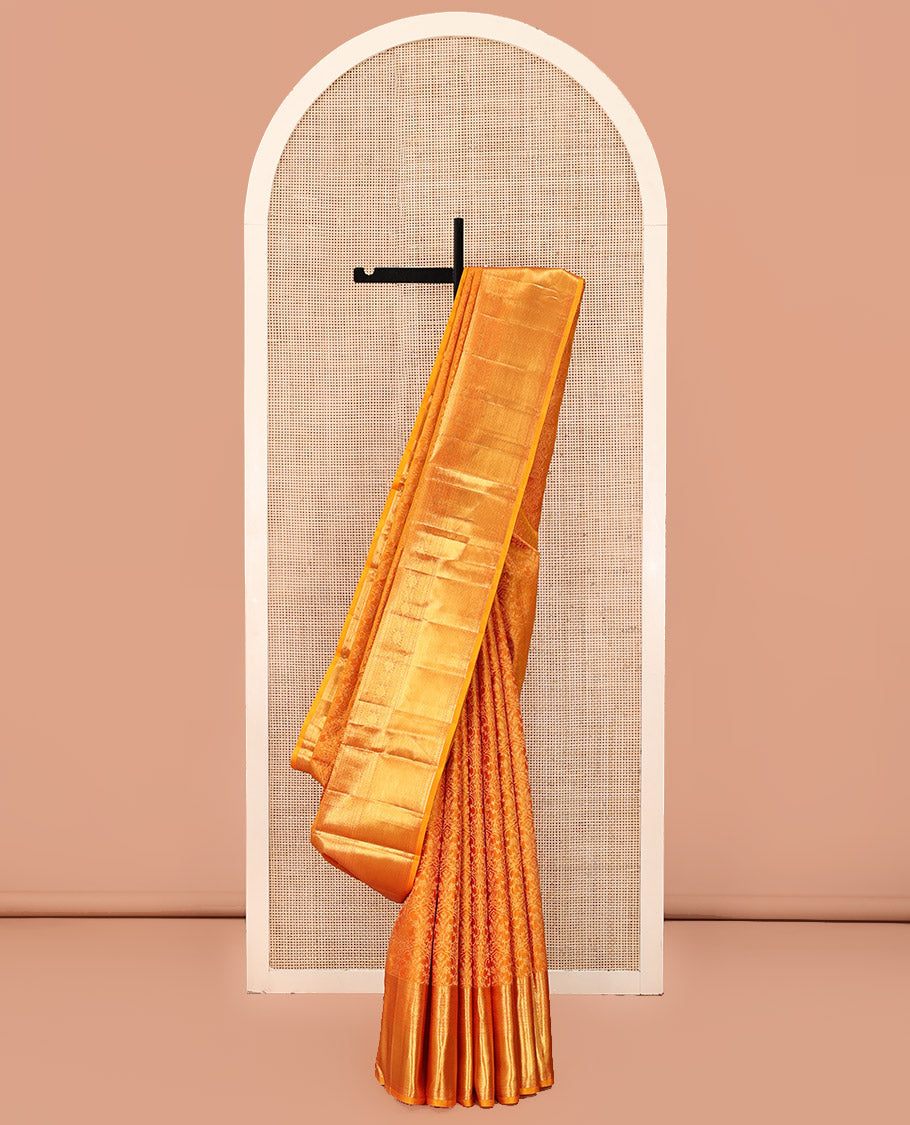 Rust Kanchipuram Wedding Silk Saree, Subtly Sparkled With Jacquard Design On Its Body, Highlighted by Zari Border of Thilakam Mokku, Diamond, and Muthu Designs, Grand Pallu and Paired with a Matching Blouse