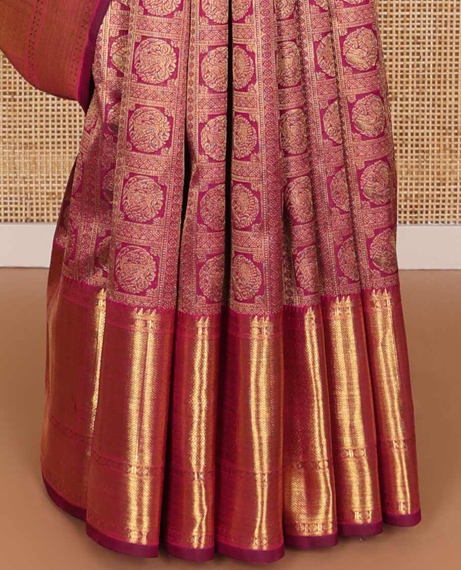 Dark pink floral design silk saree with self border of paun, vanki, banaras design & zari design pallu