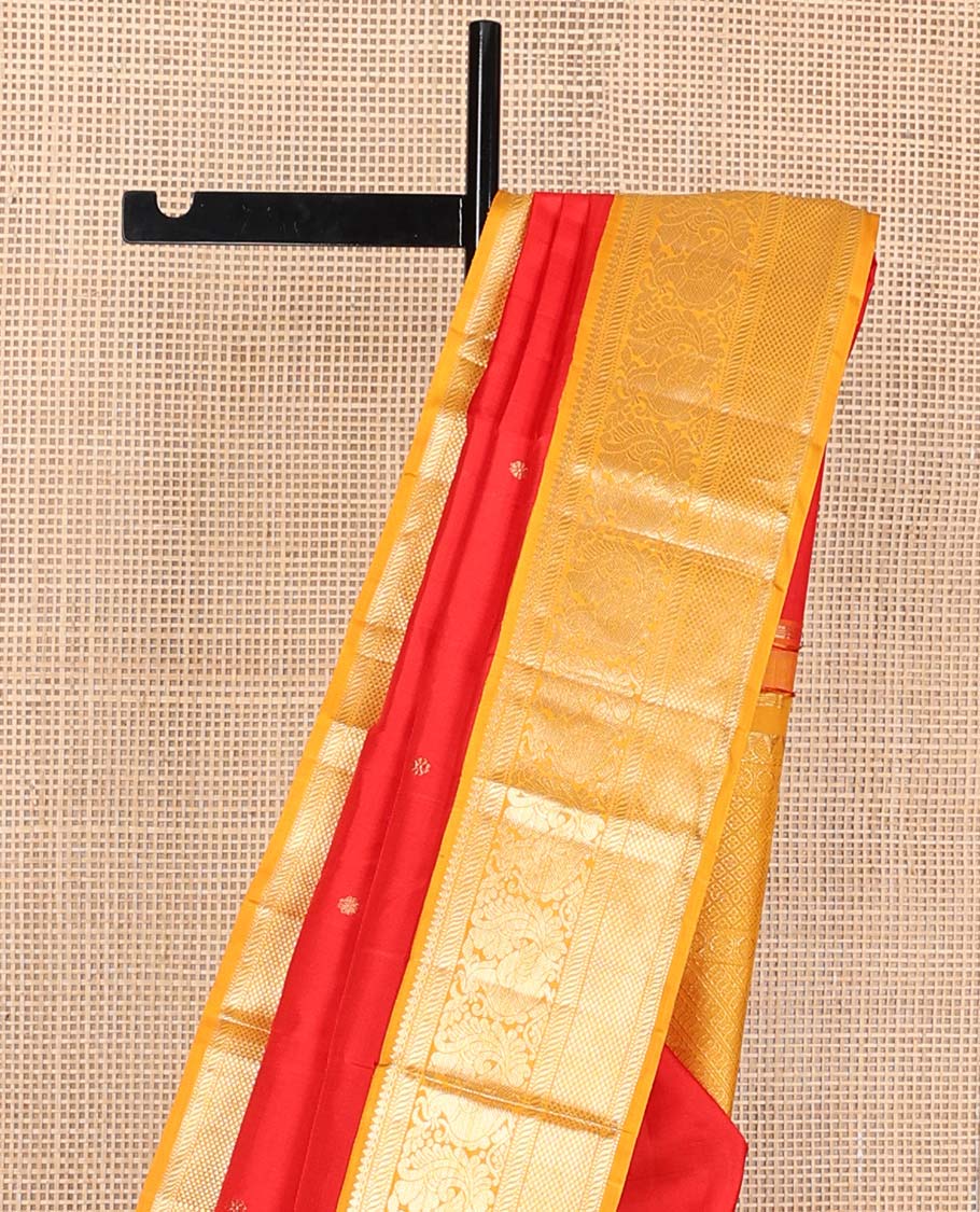 Red zari buttas Kanchipuram korvai silk saree, contrast neer korvai border of thilakam mokku, muthu, puli nagam, mayil and kuyil kann designs, and pallu of puli nagam designs