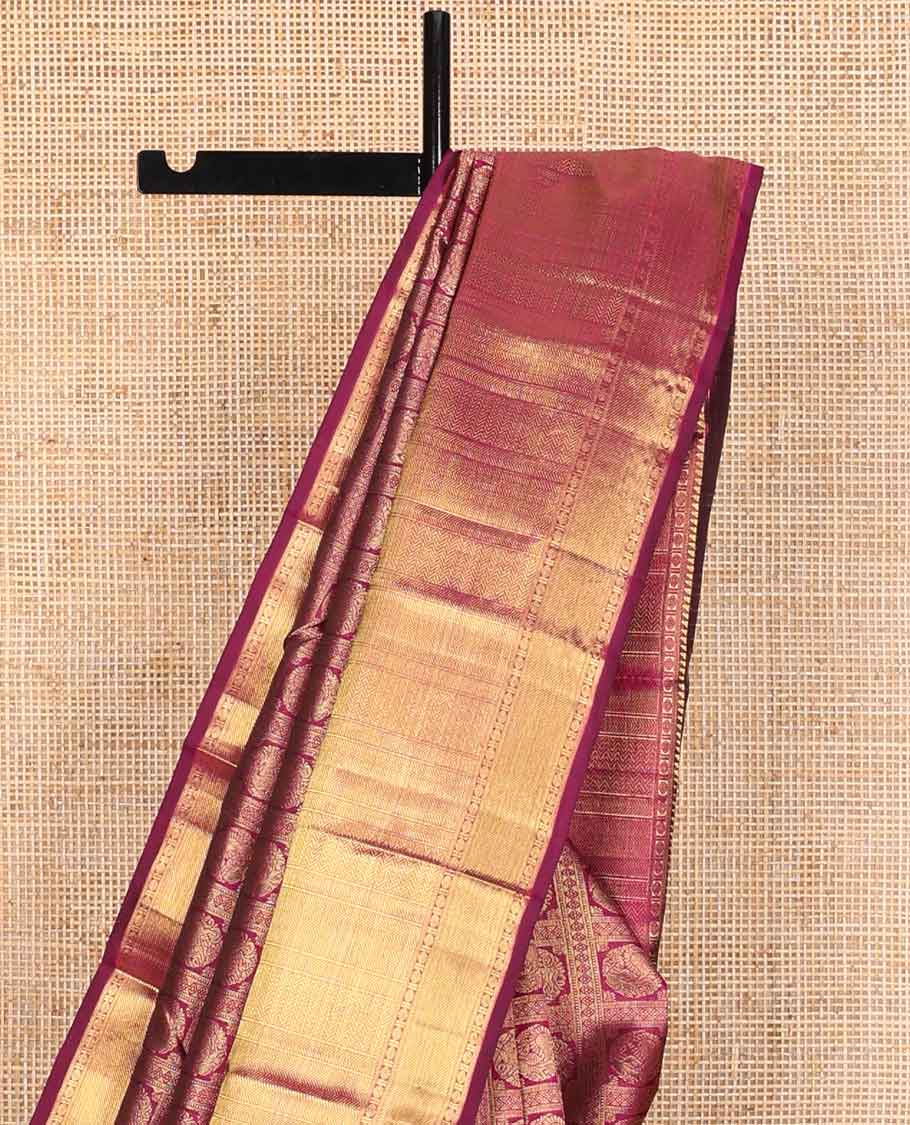 Dark pink floral design silk saree with self border of paun, vanki, banaras design & zari design pallu