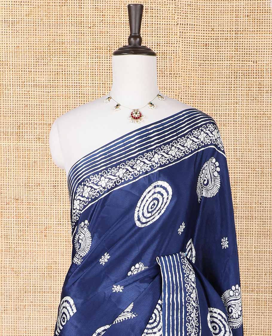 Blue printed turkey crepe saree with printed border & printed pallu along with dot printed blouse