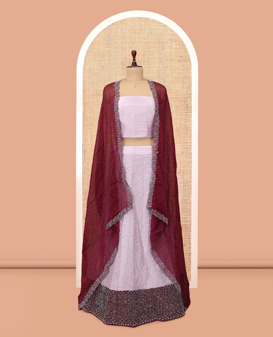 Light Lavender Banarasi Half-Saree, Finely Crafted with Bead Work Skirt, a Contrast Stone Work Border, Matching Blouse, and Contrast Scallop Stone Work Dupatta