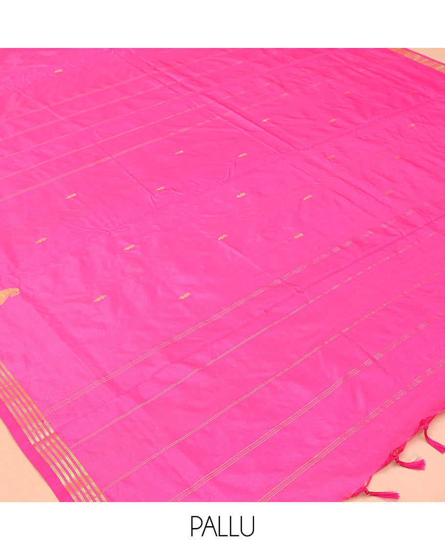 Rani Pink Zari Buttas Ten-Yard Saree, Highlighted by a Zari Traditional Border, Self-Pallu of Buttas and Stripes, and No Blouse