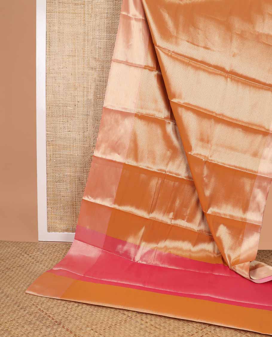 Orange chevron design semi banaras tissue saree with contrast zari design border & striped pallu