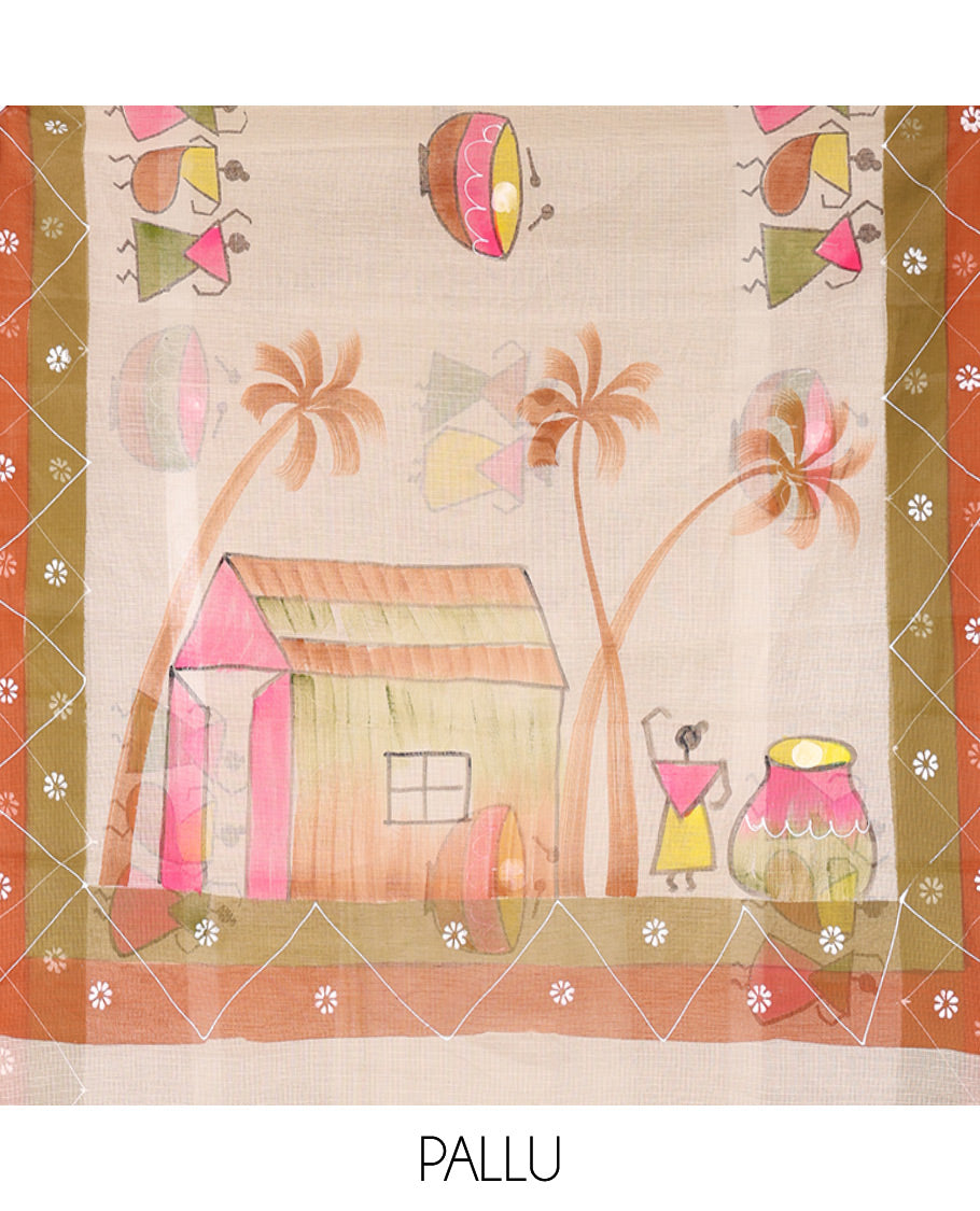 Chikku Kota Doria Saree with Artful Warli Print, a Contrast Border, Village Printed Pallu, and a Matching Blouse