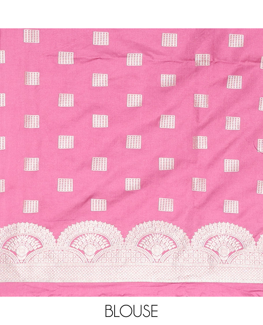 Pink motifs satin silk saree with self floral motifs border & intricate zari design pallu