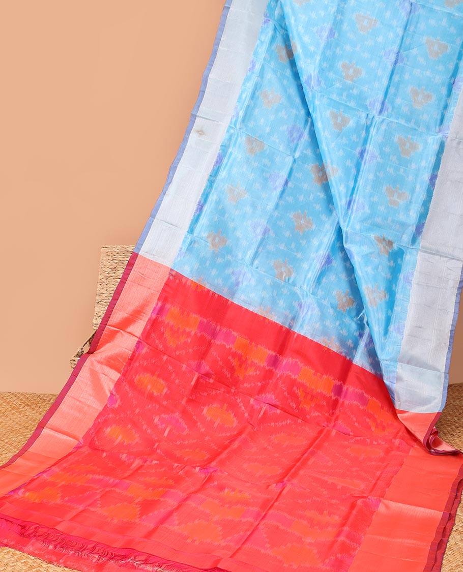 Blue ikkat argyle design semi-uppada saree with self border & contrast ikkat design pallu