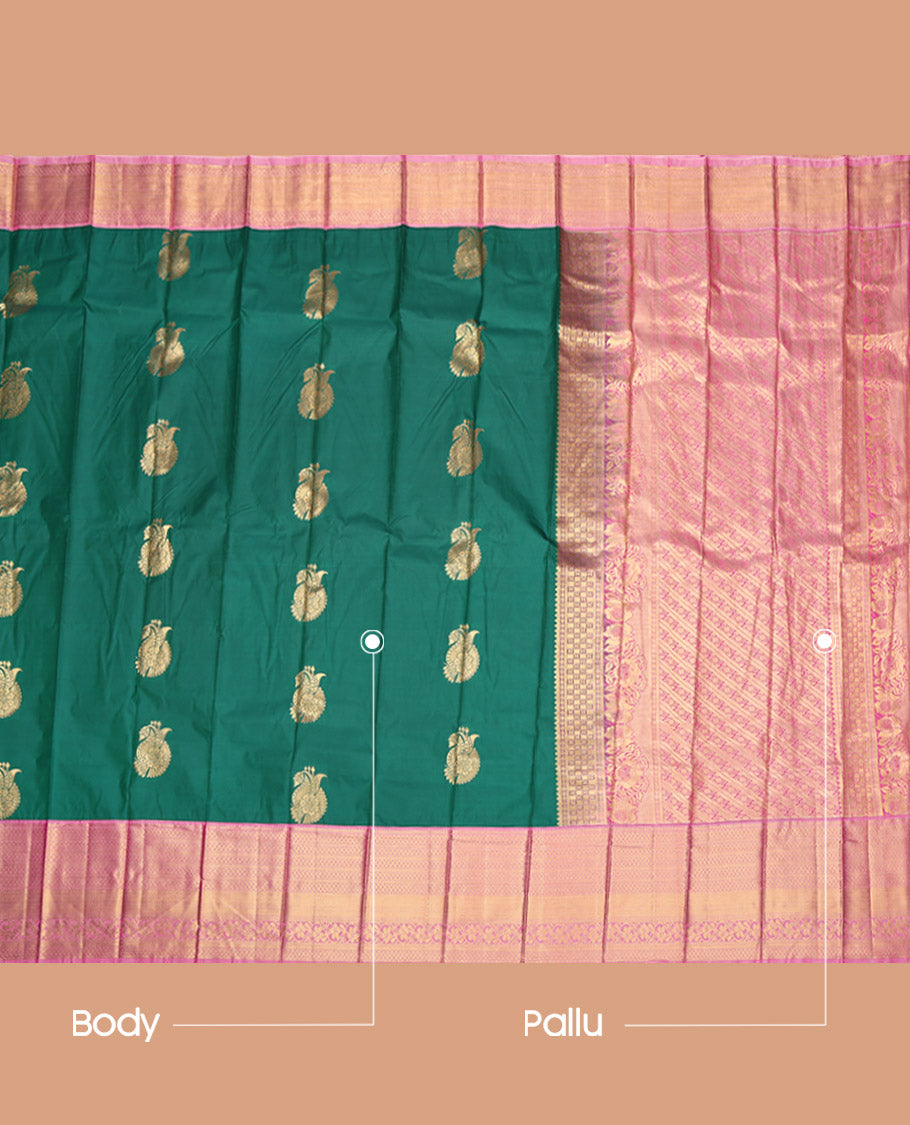Green Budget Silk Saree, Detailed with Zari Buttas, Contrast Traditional Zari Border, Intricately Designed Pallu, and a Contrast Blouse