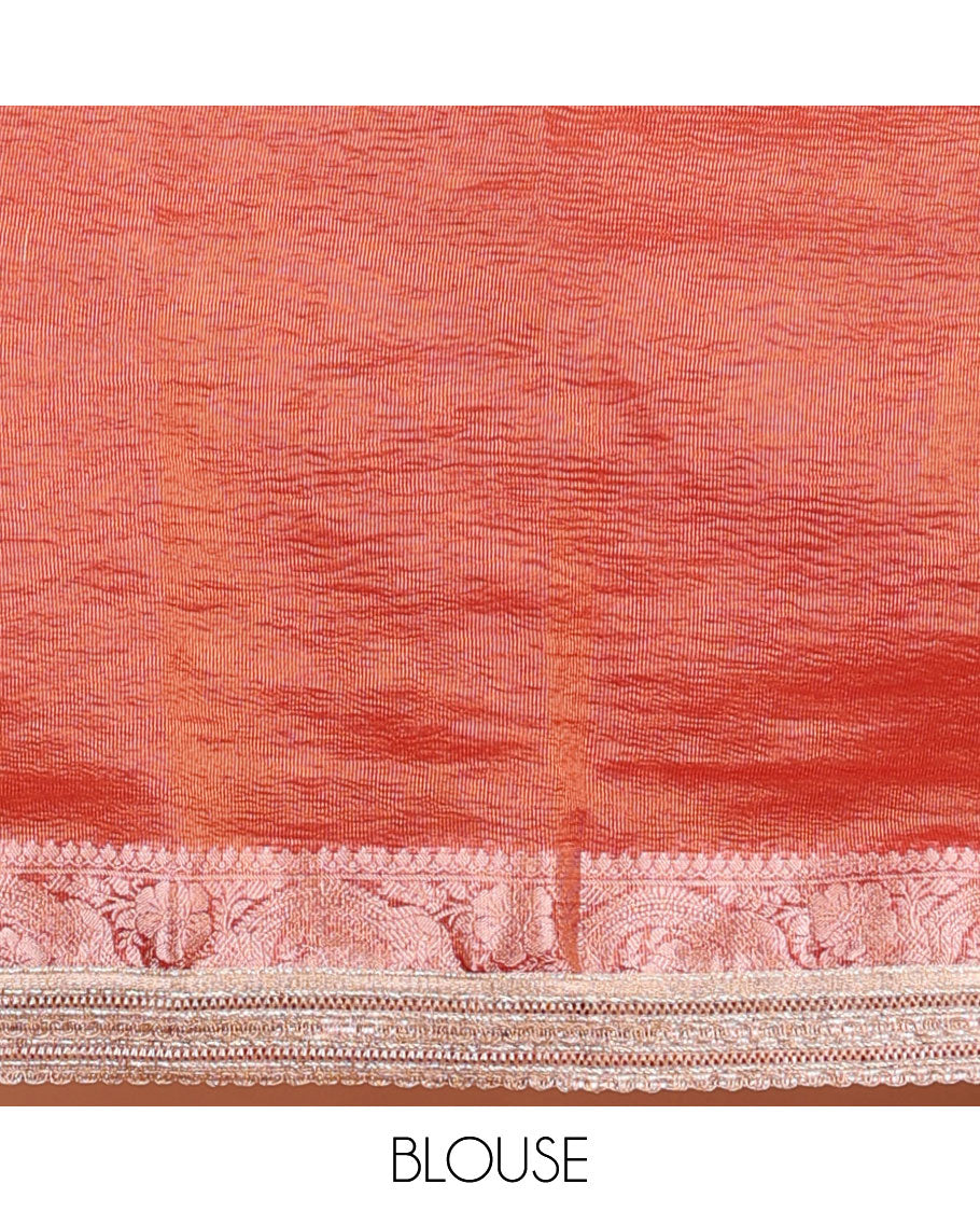 Orange crush tissue saree with self intricate zari design border & striped pallu