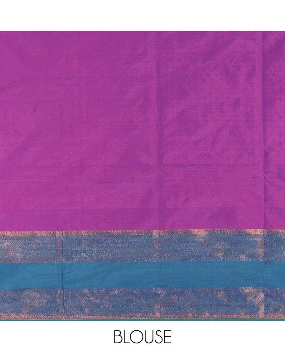 Violet plain semi-soft silk saree, contrast zari striped border, striped pallu, and matching blouse
