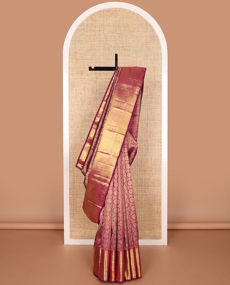 Dark pink floral design silk saree with self border of paun, vanki, banaras design & zari design pallu