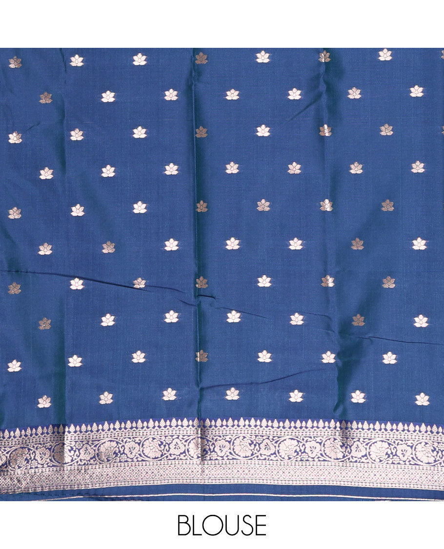 Borderless blue floral motifs steeped elite soft silk saree, contrast lotus-like motifs pallu, and contrast buttas blouse