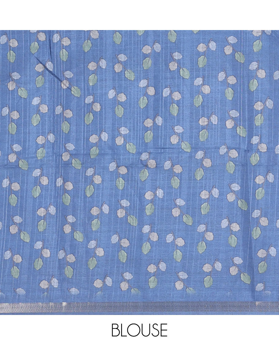 Green shibori printed katan silk saree, contrast border, and pallu of kalamkari floral vine and peacock print, and a contrast leaf printed blouse