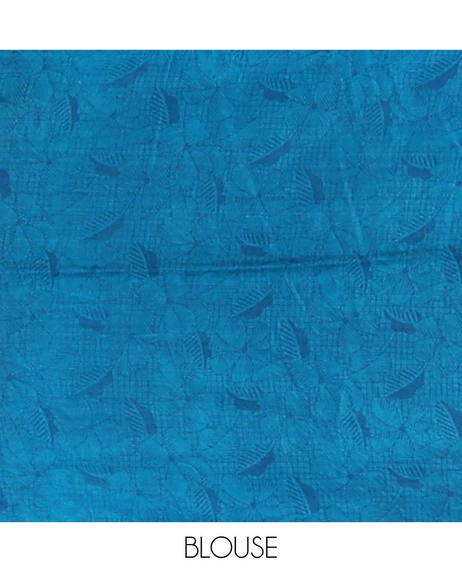 Blue geometric design printed silk saree with ikkat style border & floral ikkat style pallu
