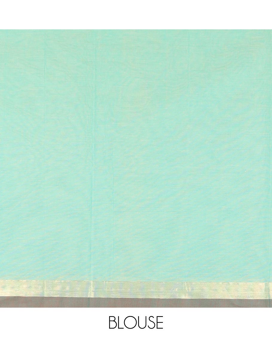 Blue Coimbatore Cotton Saree Woven with Buttas All Over Its Body, Complemented by Contrast Border, Pallu Depicts Paisley-Floral Designs, and Is Paired with a Matching Blouse