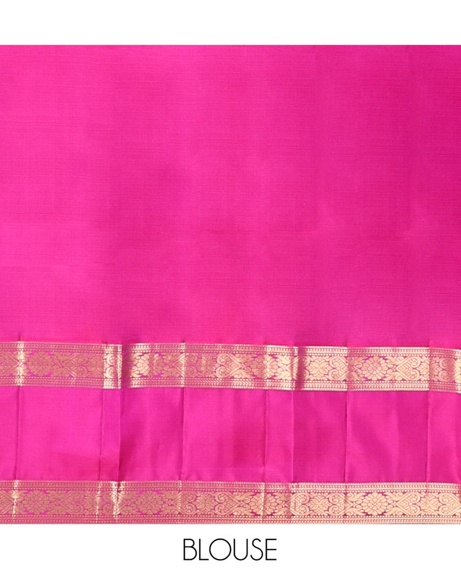 Pink Vasundhara Silk Saree, Subtly Sparkled with Micro-Checks on Its Body, Complemented by Contrast Rettai Pettu Border of Banaras, Muthu, and Jada Nagam Designs, Geometric-Patterned Pallu, and Paired with a Contrast Blouse