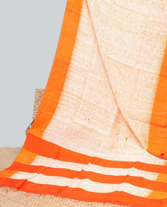 Cream abstract design matka silk saree with contrast plain border & orange abstract design pallu