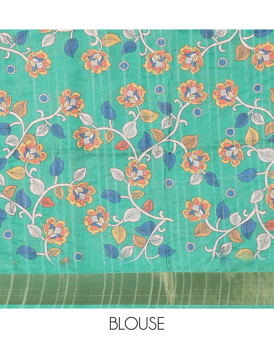 Green uniquely printed soft tussar saree, contrast zari border, kalamkari floral vine printed pallu & kalamkari printed blouse