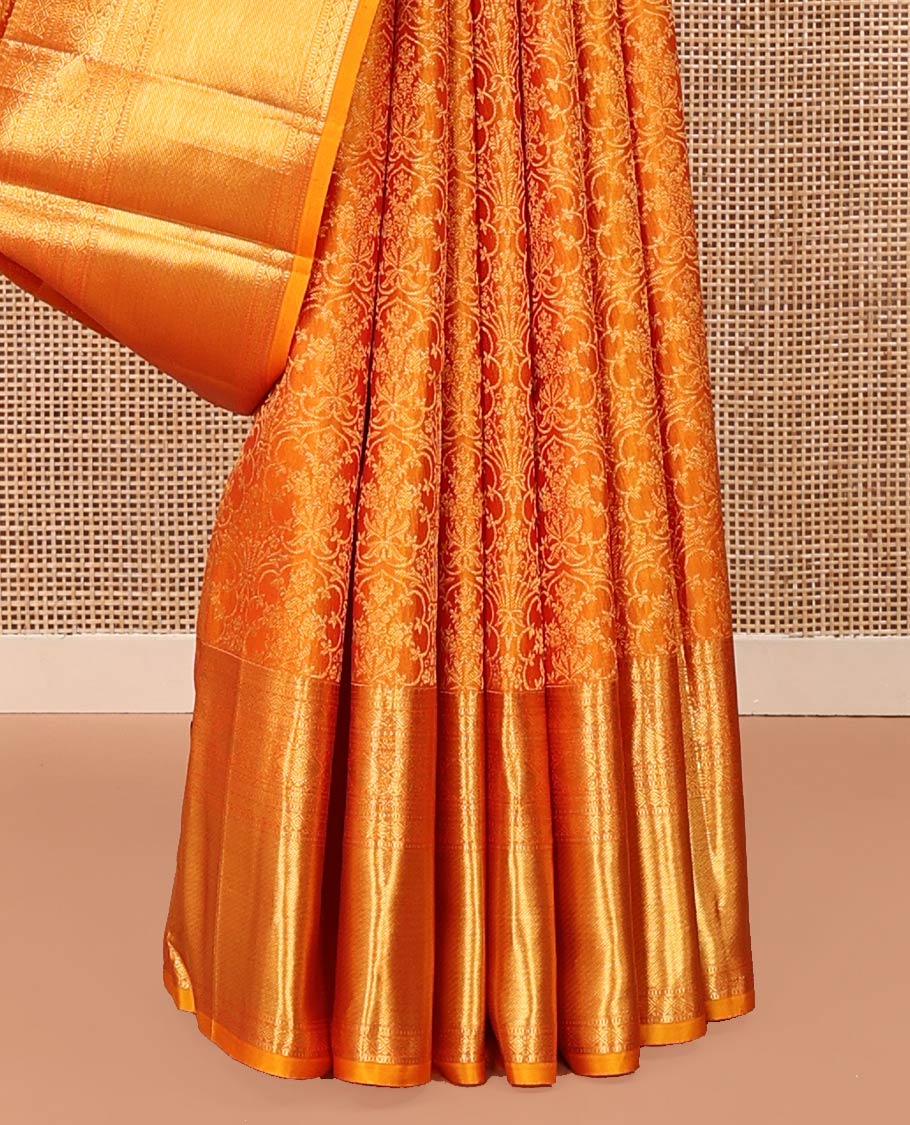 Rust Kanchipuram Wedding Silk Saree, Subtly Sparkled With Jacquard Design On Its Body, Highlighted by Zari Border of Thilakam Mokku, Diamond, and Muthu Designs, Grand Pallu and Paired with a Matching Blouse