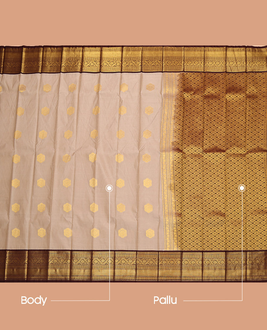 Grey Budget Silk Saree, Graced with Zari Buttas on Its Body, Complemented by a Contrast Traditional Zari Design Border, Pallu of Jaal Design, and Paired with a Contrast Blouse