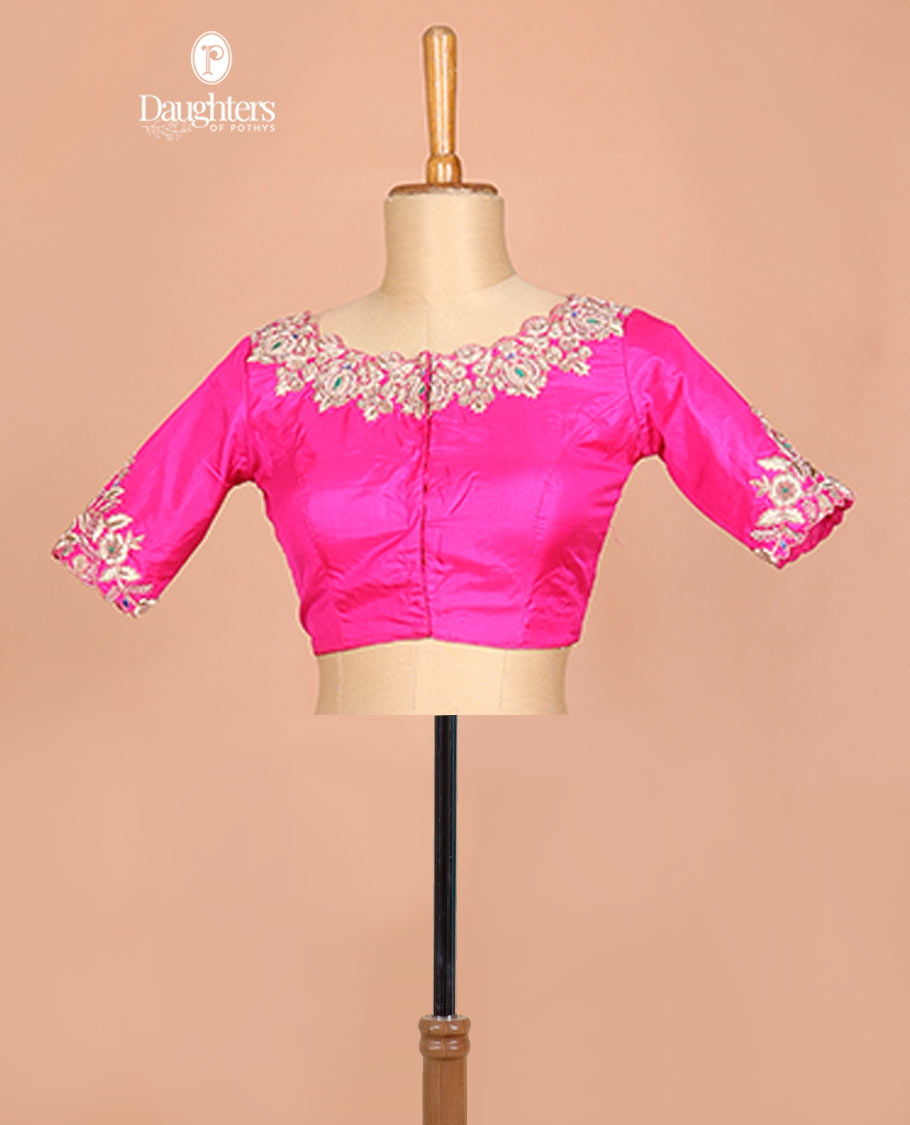 Hot pink floral design embroidered pure-silk readymade blouse with front & back boat-neck & elbow-sleeve